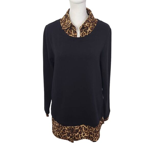 Isaac Mizrahi Black Leopard Layered Top Size Small Leopard Blouse - Picture 1 of 9